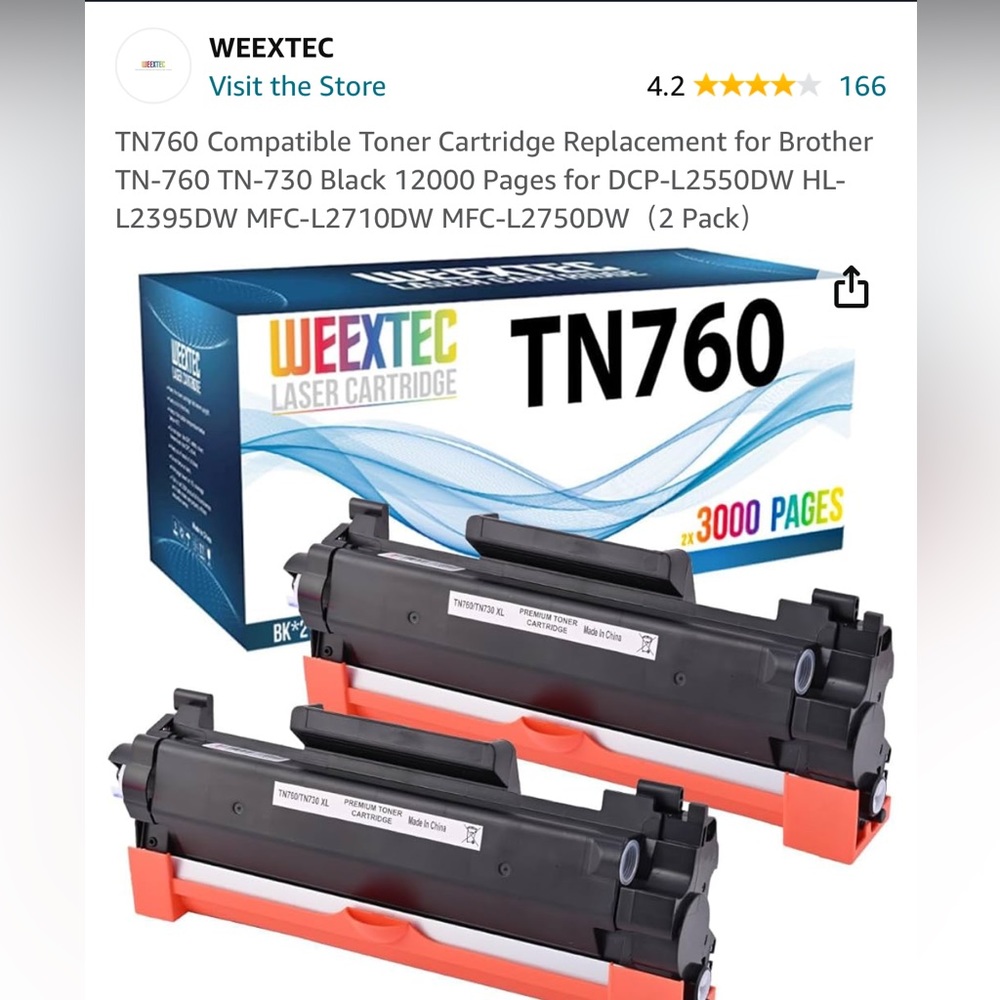 Laser Cartrdge Prnter T0ner (Black only) 2-pck in Box
